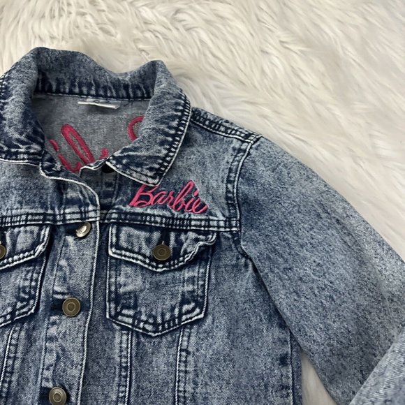 Barbie Girls Denim Jean Jacket M 100% Cotton Front Back Logo Light Wash - Picture 5 of 13